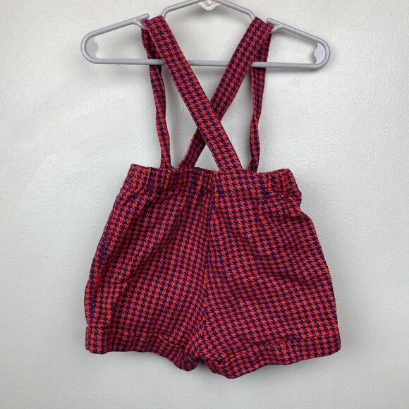 Vintage suspender shorts baby 18mos red houndstooth overalls bibs 80s 90s Snap - Picture 6 of 9